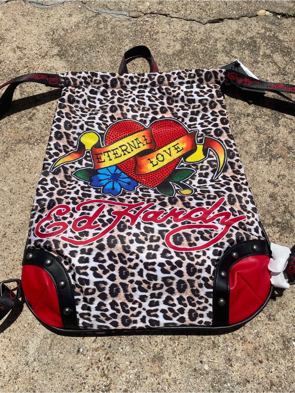 Ed Hardy Leopard Backpack Eternal Love Rhinestone Heart Y2K Tattoo Style Bag